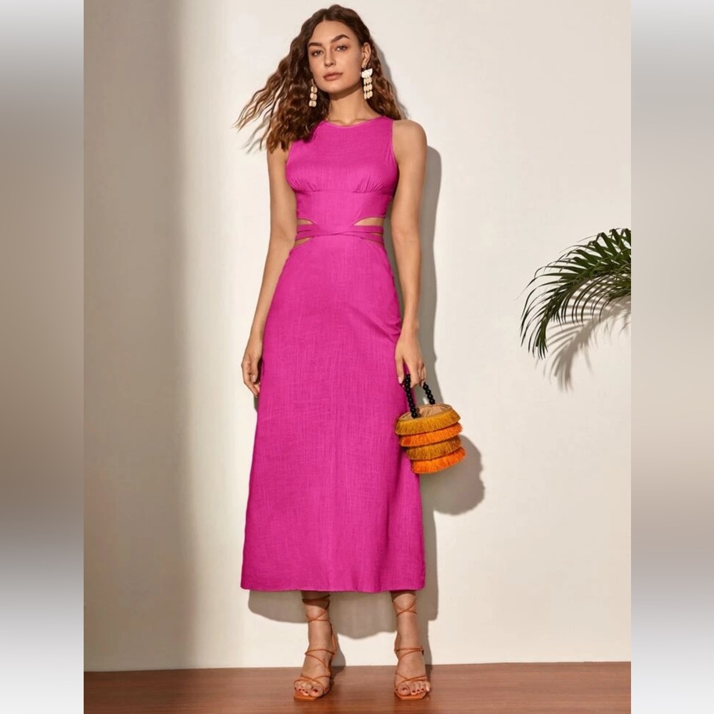 Hot Pink Cut Out Lace Up Back Midi Dress